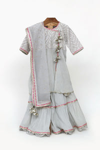 Crushed Cotton Embroidered Kurta And Sharara With Net Dupatta