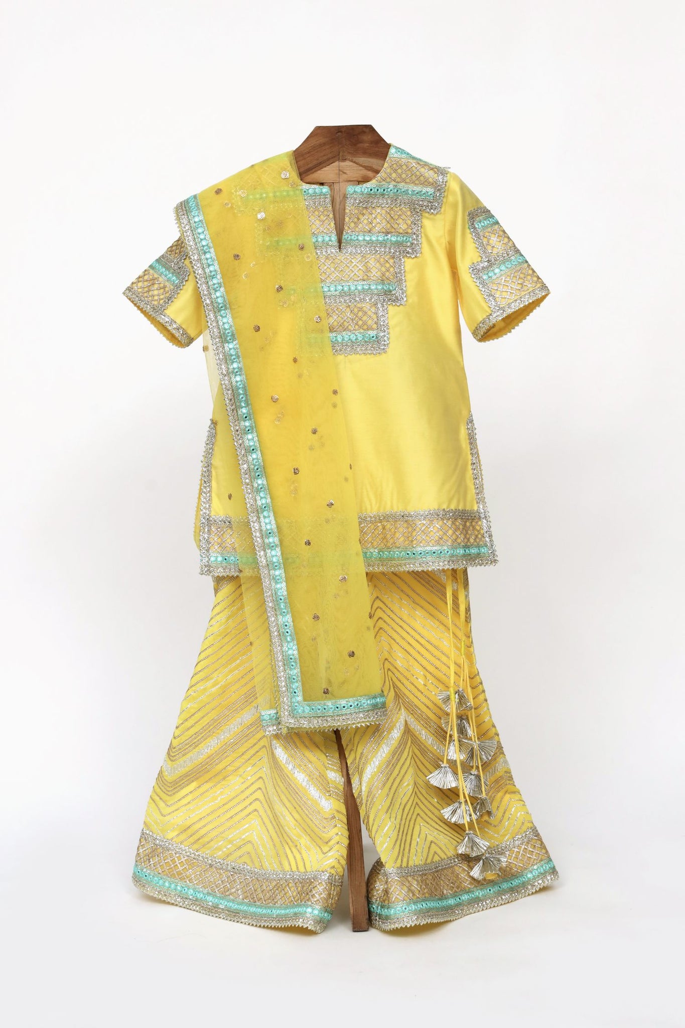 Chanderi Silk Kurti Chinon Sharara With Gota Detailing And Net Dupatta