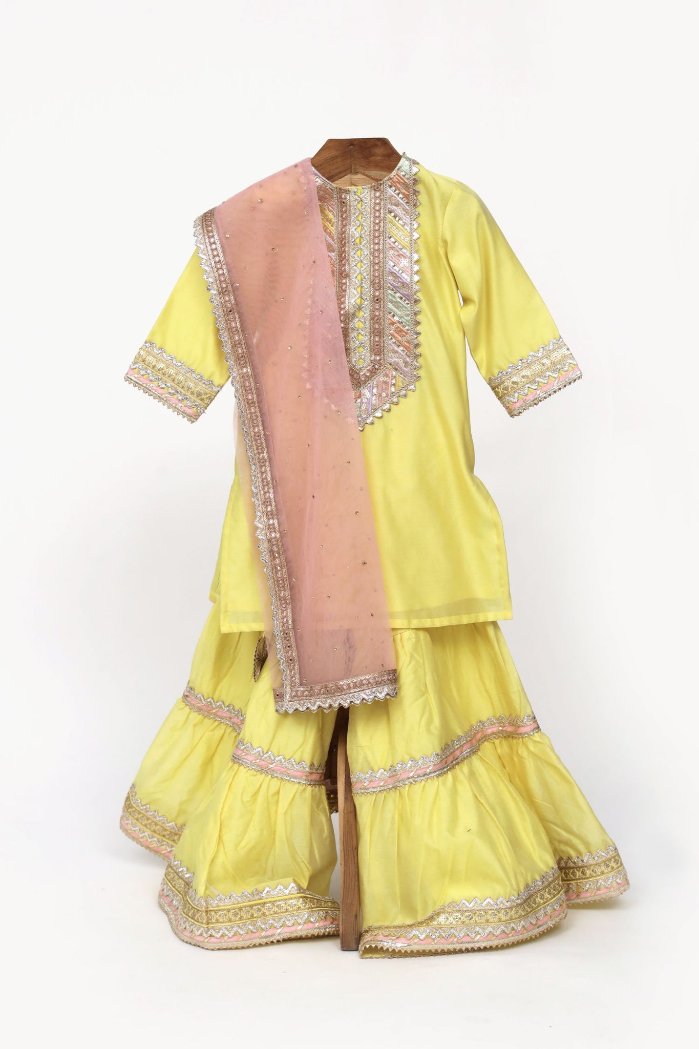 Chanderi Silk Kurti And Sharara With Gota Detailing And Net Dupatta