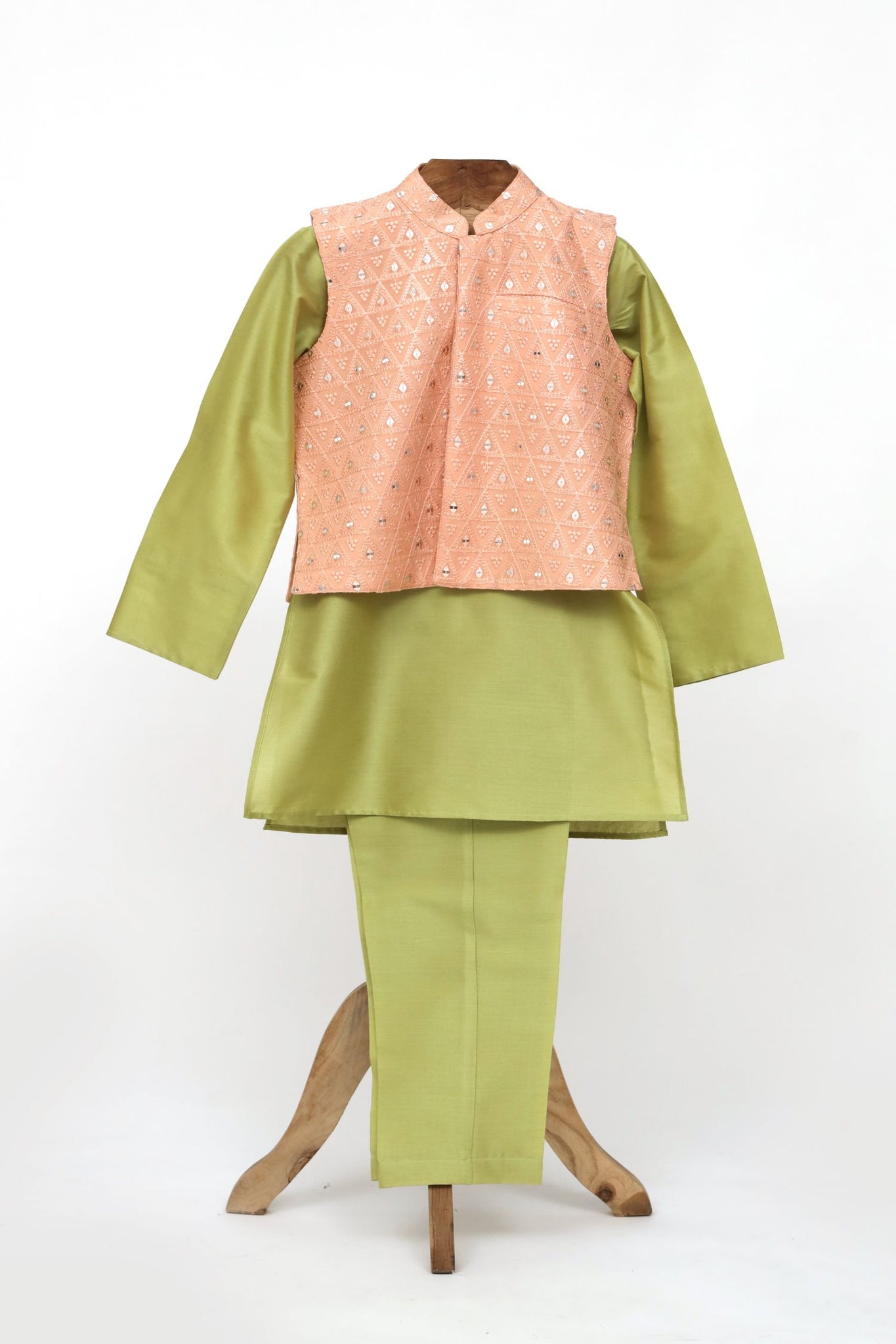 Cotton Silk Kurta Pyjama With Organza Embroidered Faux Mirron Jacket