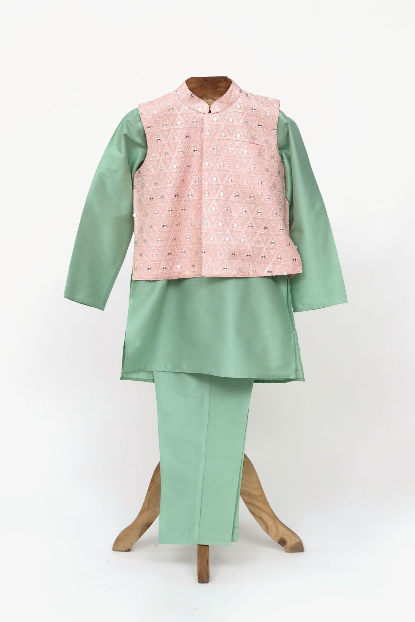 Cotton Silk Kurta Pyjama With Organza Embroidered Faux Mirron Jacket