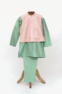 Cotton Silk Kurta Pyjama With Organza Embroidered Faux Mirron Jacket