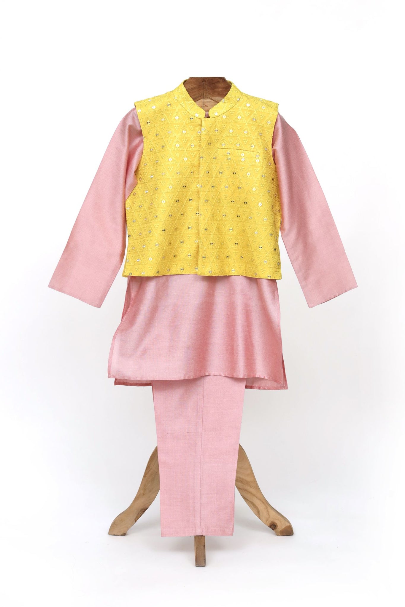 Cotton Silk Kurta Pyjama With Organza Embroidered Faux Mirron Jacket