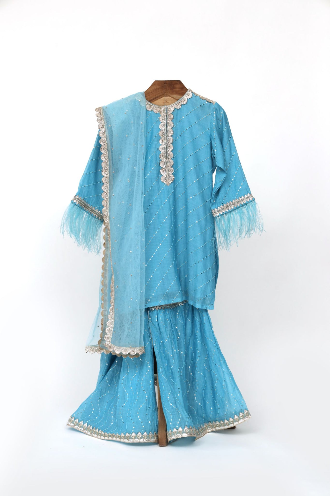 Chanderi Sequin Emboidered Kurta And Sharara With Net Dupatta