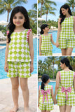 Cotton printed sleevesless checks Co-ord Set with shorts. Detailed with Lace trimmings and a big bow on the back
