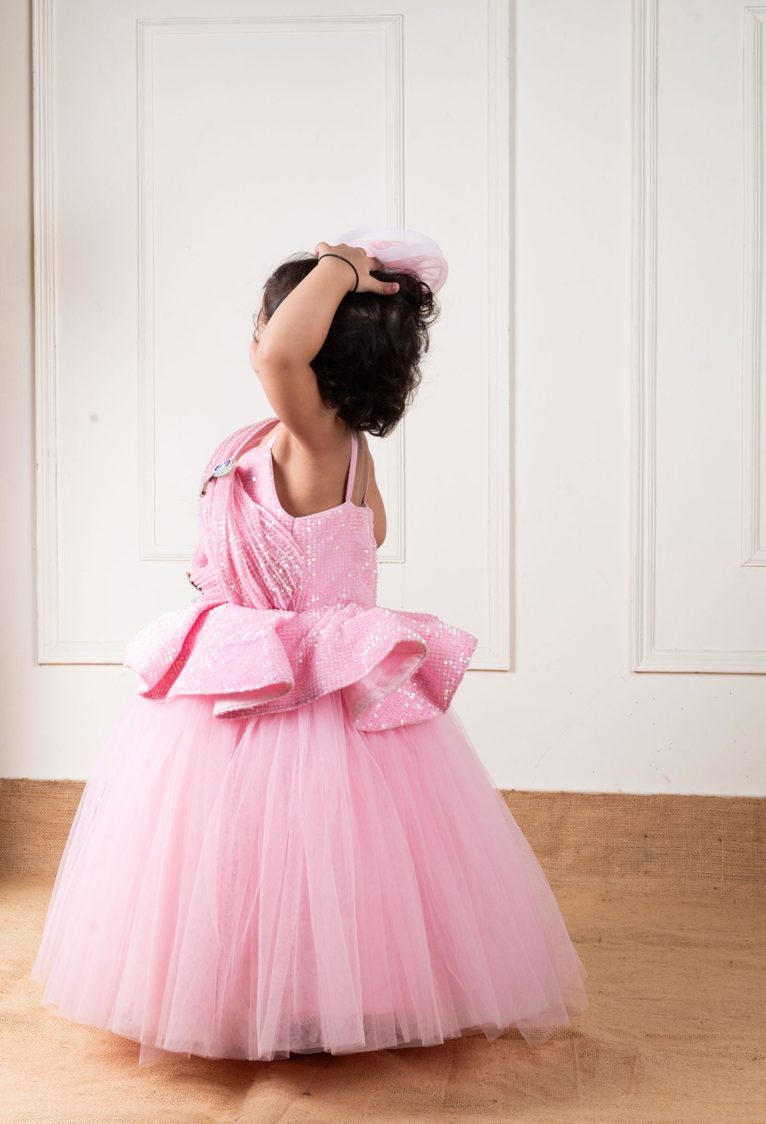 Pink Sequins Draped Butterfly Gown