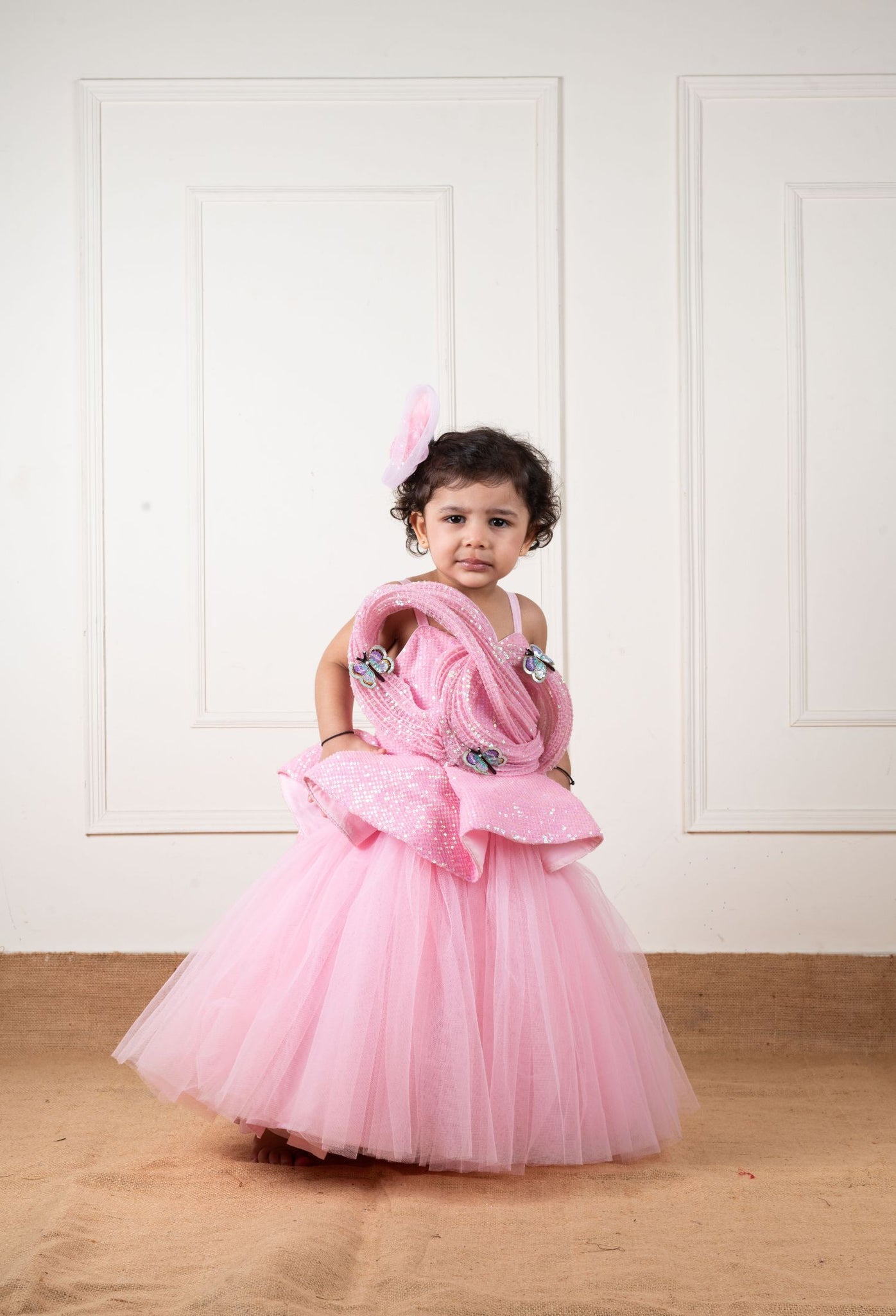 Pink Sequins Draped Butterfly Gown