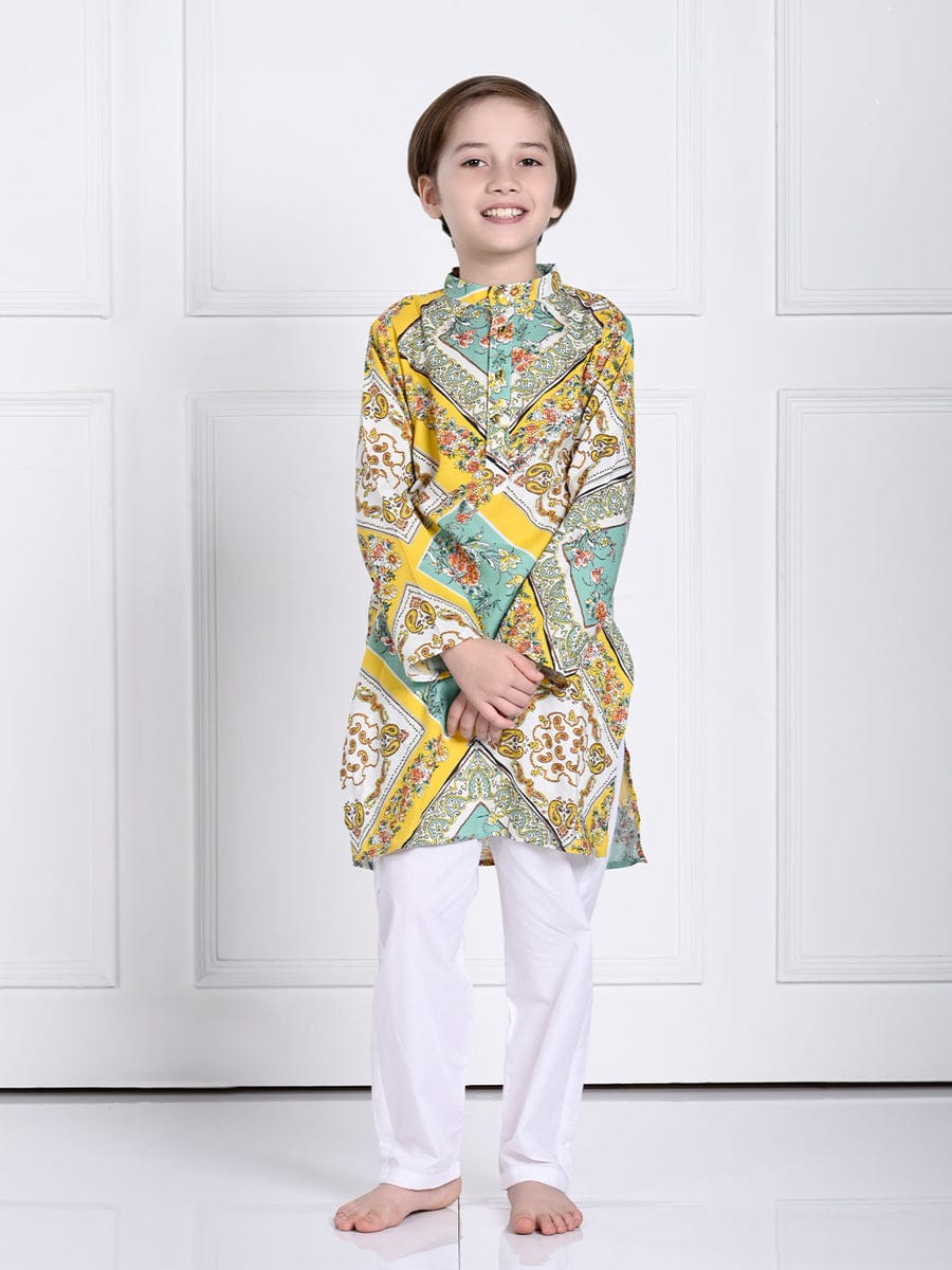 Riaan Yellow And Green Kurta Pajama Set