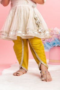 Lace Work And Pleated Kurti With Yellow Dhoti