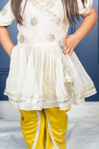 Lace Work And Pleated Kurti With Yellow Dhoti