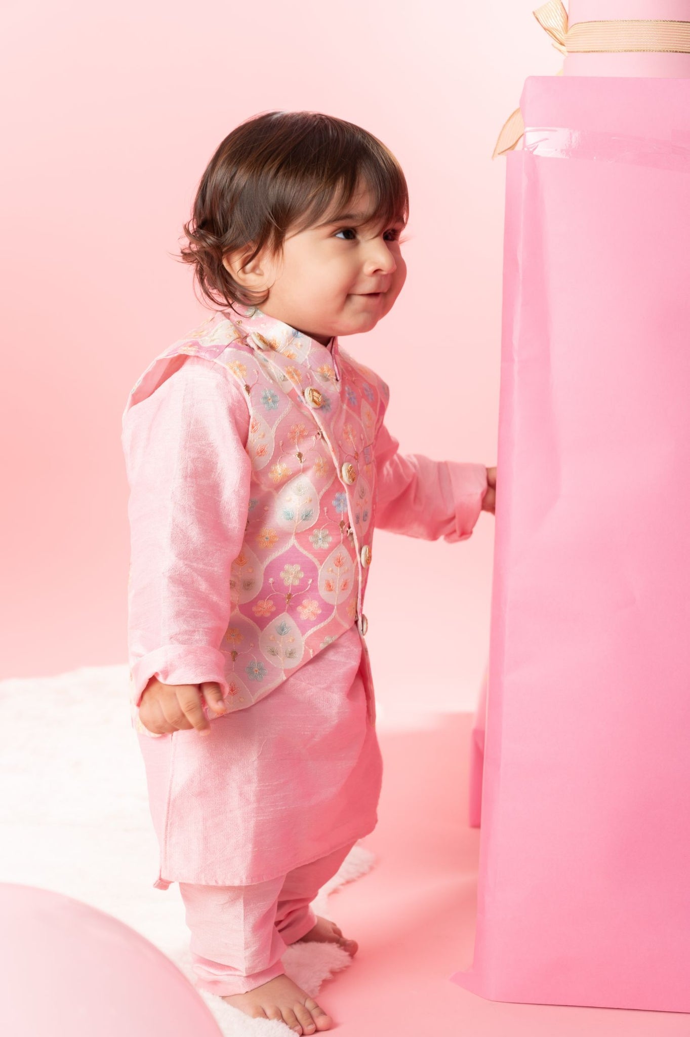 Pink Embroidered Jacket With Blue Kurta And Pyjama