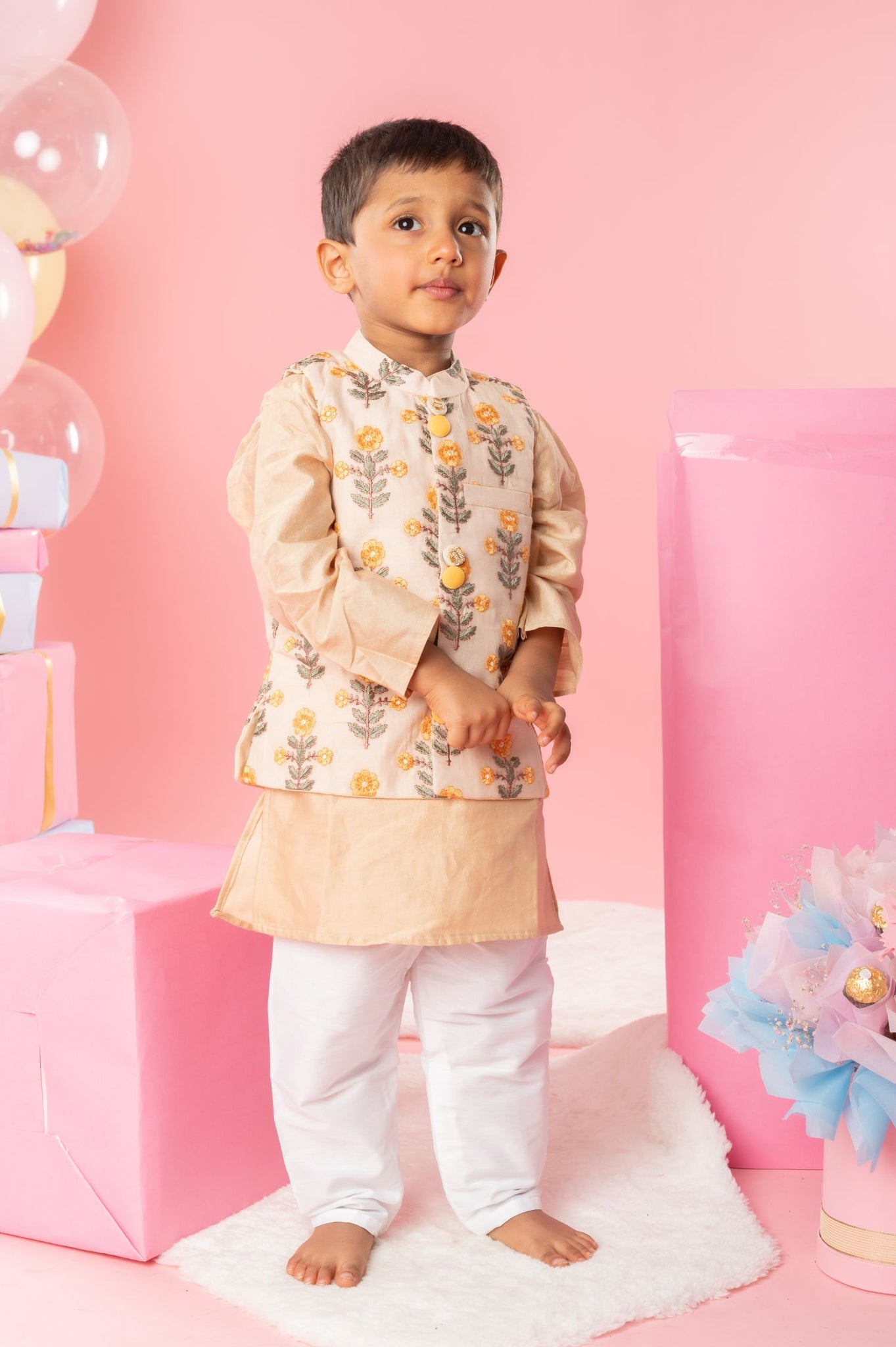 Embroidered Beige Jacket With Beige Kurta And Pyjama