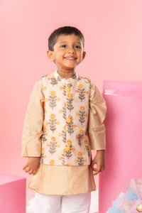 Embroidered Beige Jacket With Beige Kurta And Pyjama