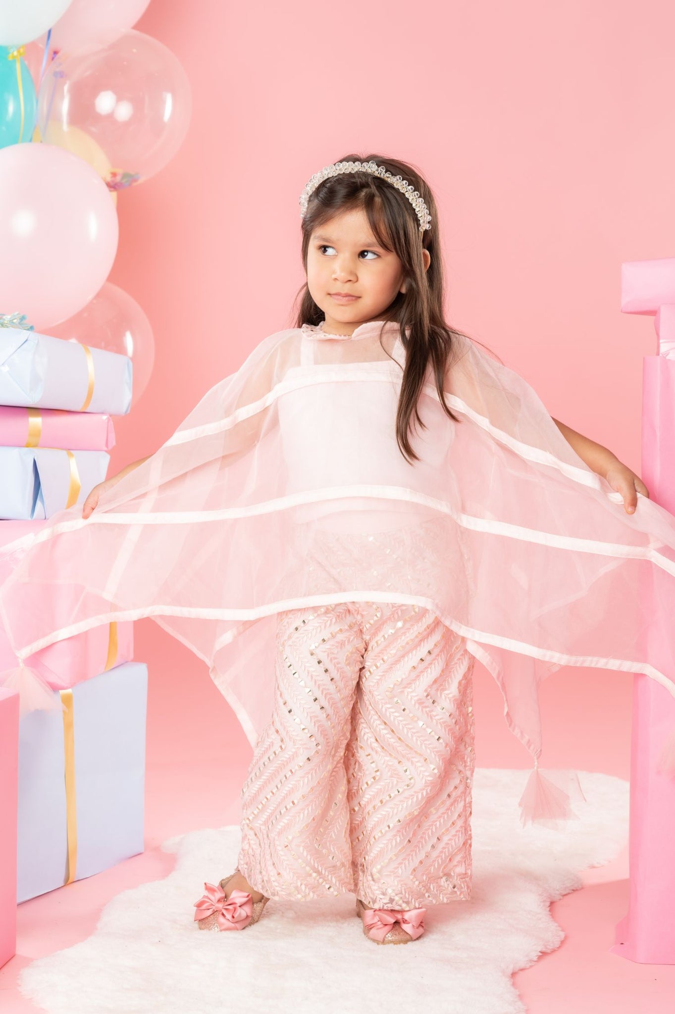 Flarry Organza Cape With Crop Top And Embroidered Pants