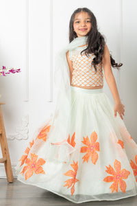 Round Neck Sea Green Top And Floral Applique Embroidered Lehenga