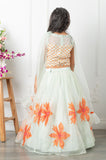 Round Neck Sea Green Top And Floral Applique Embroidered Lehenga