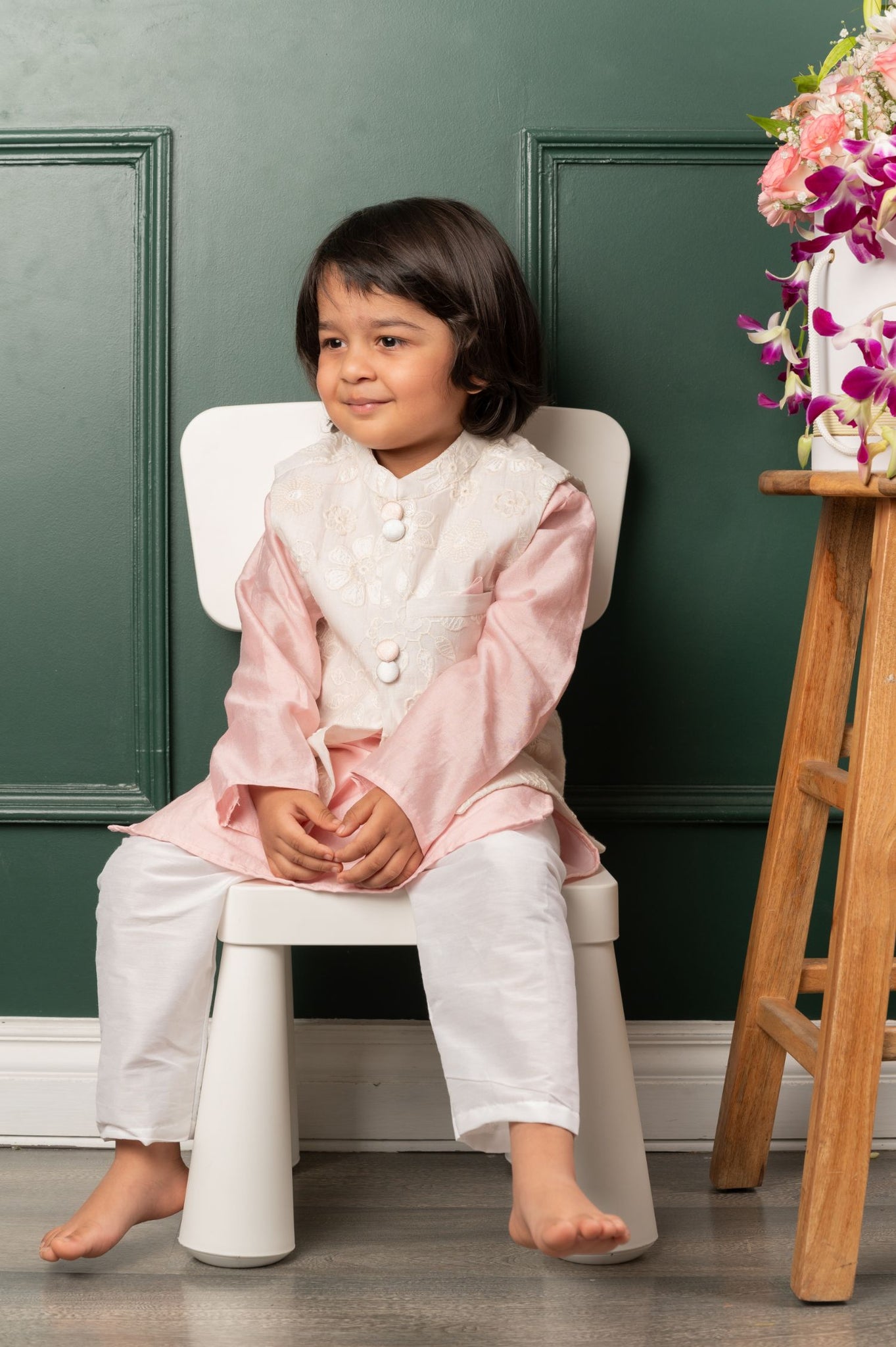 White Embroidered Nehru Jacket With Pink Chanderi Silk Kurta And Chudidar