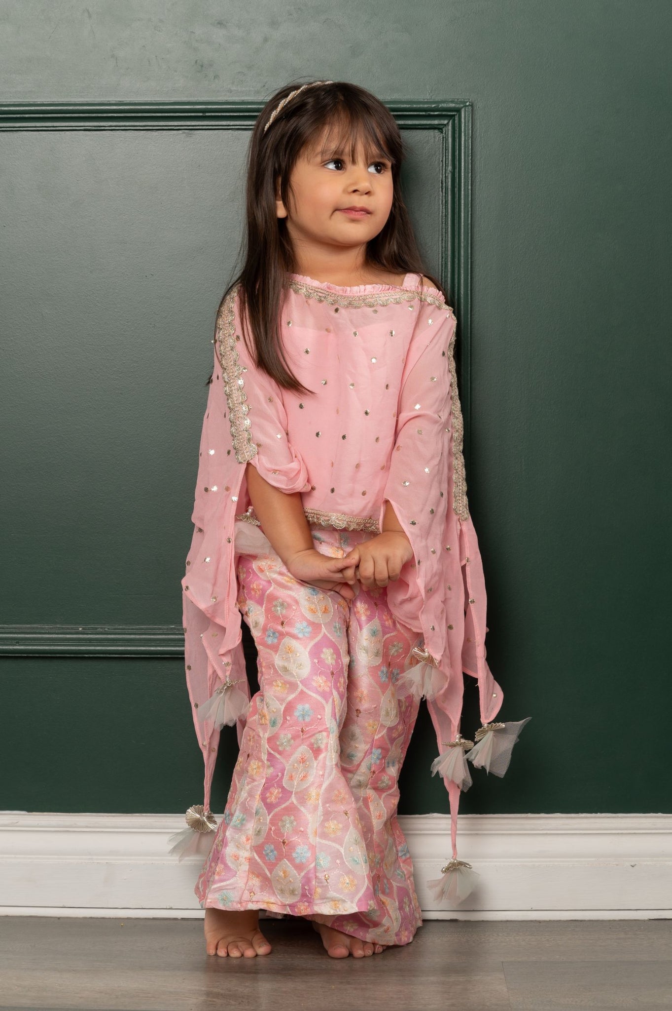 Pink Top With Embroidered Detailed Cape And Printed Embroidered Pants