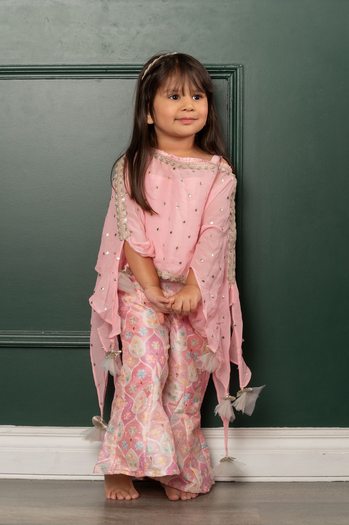 Pink Top With Embroidered Detailed Cape And Printed Embroidered Pants