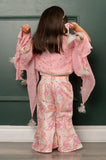 Pink Top With Embroidered Detailed Cape And Printed Embroidered Pants