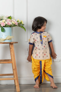 Chanderi Block Print Kurta With Yellow Dhoti