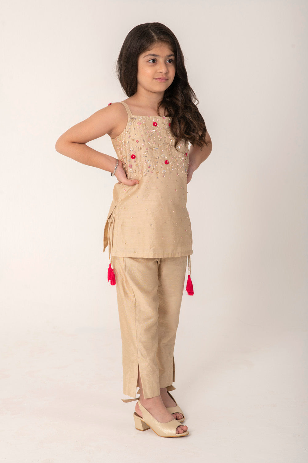 STRAPY SUIT IN GOLDEN BEIGE COLOUR WITH HAND WORK