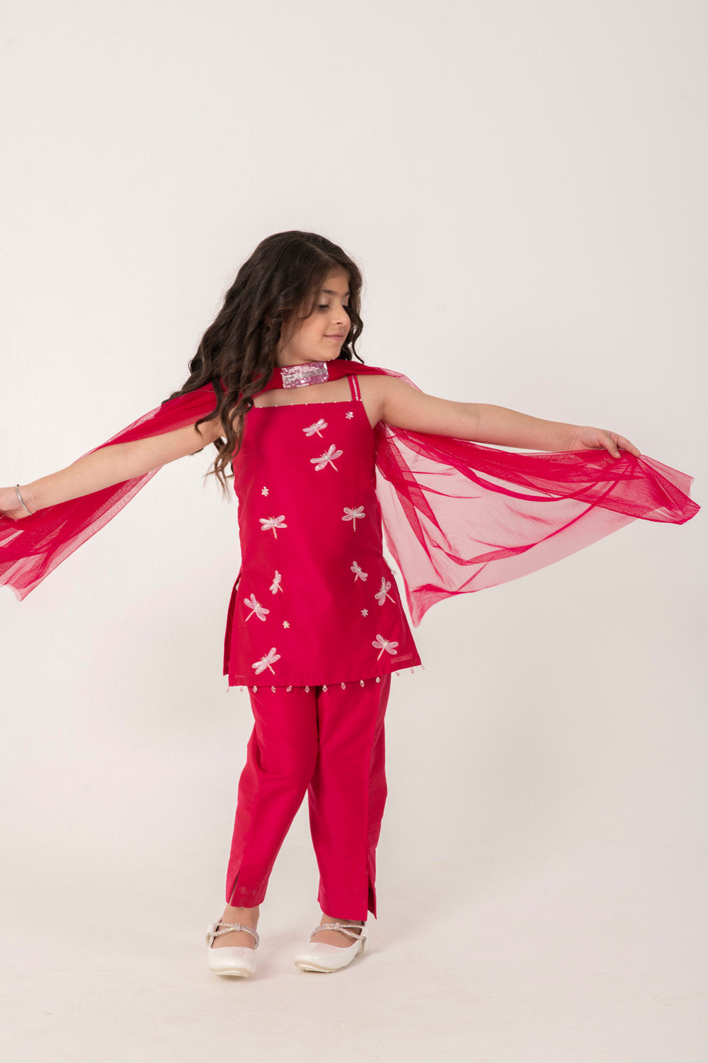 STRAPY RANI PINK SUIT WITH CUTE DRAGON FLIES EMBROIDERED