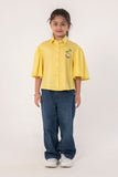 YELLOW SHIRT WITH PEAR EMBROIDERY MOTIF ON CHEST. FANCY BELL SLEEVES