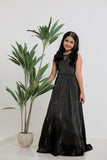 BLACK SATIN EMBOIDERED GOWN WITH DETACHABLE  RUFFLE DRAPE