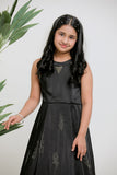 BLACK SATIN EMBOIDERED GOWN WITH DETACHABLE  RUFFLE DRAPE
