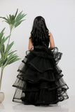 BLACK SATIN EMBOIDERED GOWN WITH DETACHABLE  RUFFLE DRAPE