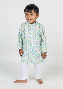 Blue Geometric Jaal Printed Kurta