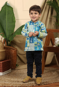 Manara Boys Ethnic Short Kurta In Blue Print