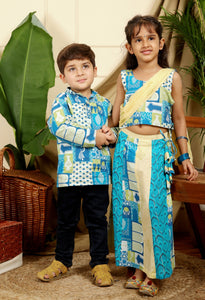 Manara Boys Ethnic Short Kurta In Blue Print