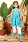 Zarkha Girls Ethnic Halter Neck Tunic With Zari Stripes And Off-White Pyjama In Cotton