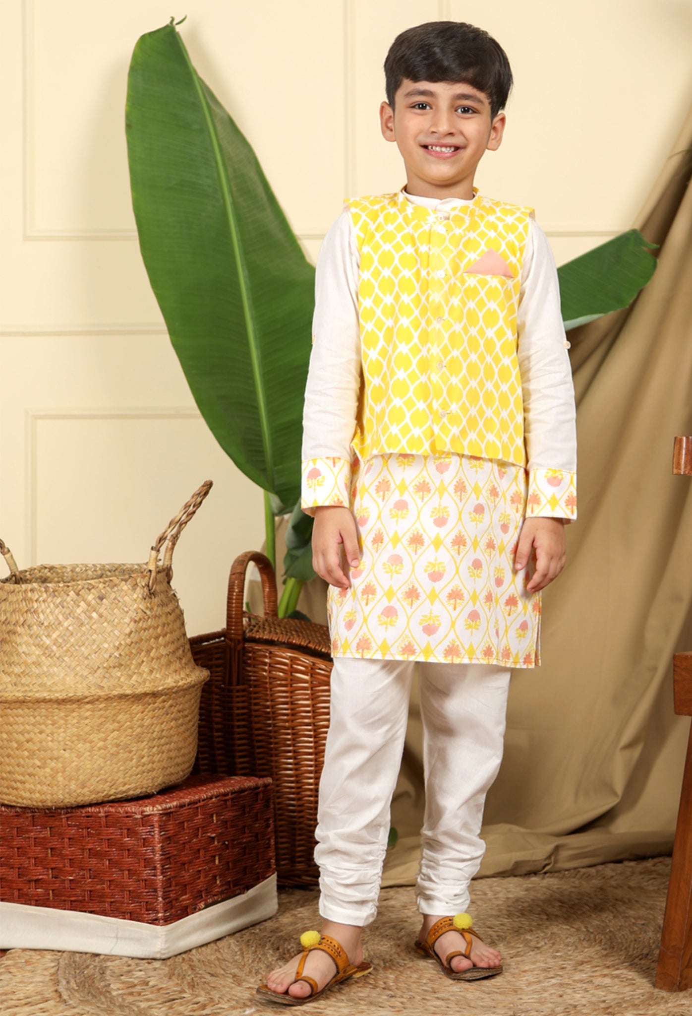 Zahra Boys Ethnic Hand-Block Printed Kurta With Nur Bandi Nehru Jacket And Churidaar Set