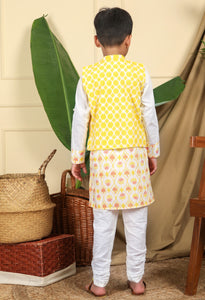 Zahra Boys Ethnic Hand-Block Printed Kurta With Nur Bandi Nehru Jacket And Churidaar Set