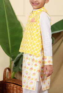 Zahra Boys Ethnic Hand-Block Printed Kurta With Nur Bandi Nehru Jacket And Churidaar Set