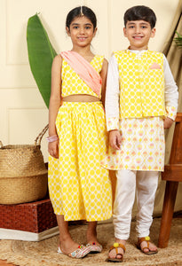 Zahra Boys Ethnic Hand-Block Printed Kurta With Nur Bandi Nehru Jacket And Churidaar Set