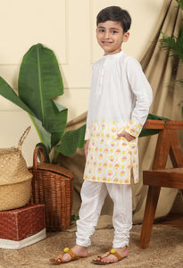 Zahra Boys Ethnic Embroidered Kurta In Hand-Block Printed Cotton With Churidaar Set