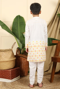 Zahra Boys Ethnic Embroidered Kurta In Hand-Block Printed Cotton With Churidaar Set