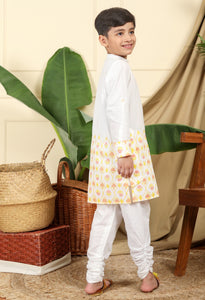 Zahra Boys Ethnic Embroidered Kurta In Hand-Block Printed Cotton With Churidaar Set