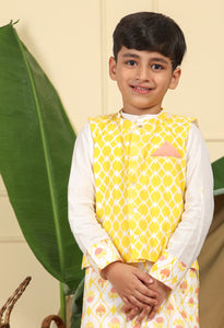 Nur Boys Ethnic Bandi Nehru Jacket In Hand-Block Printed Cotton