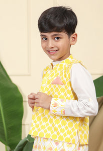 Nur Boys Ethnic Bandi Nehru Jacket In Hand-Block Printed Cotton