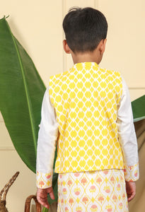 Nur Boys Ethnic Bandi Nehru Jacket In Hand-Block Printed Cotton