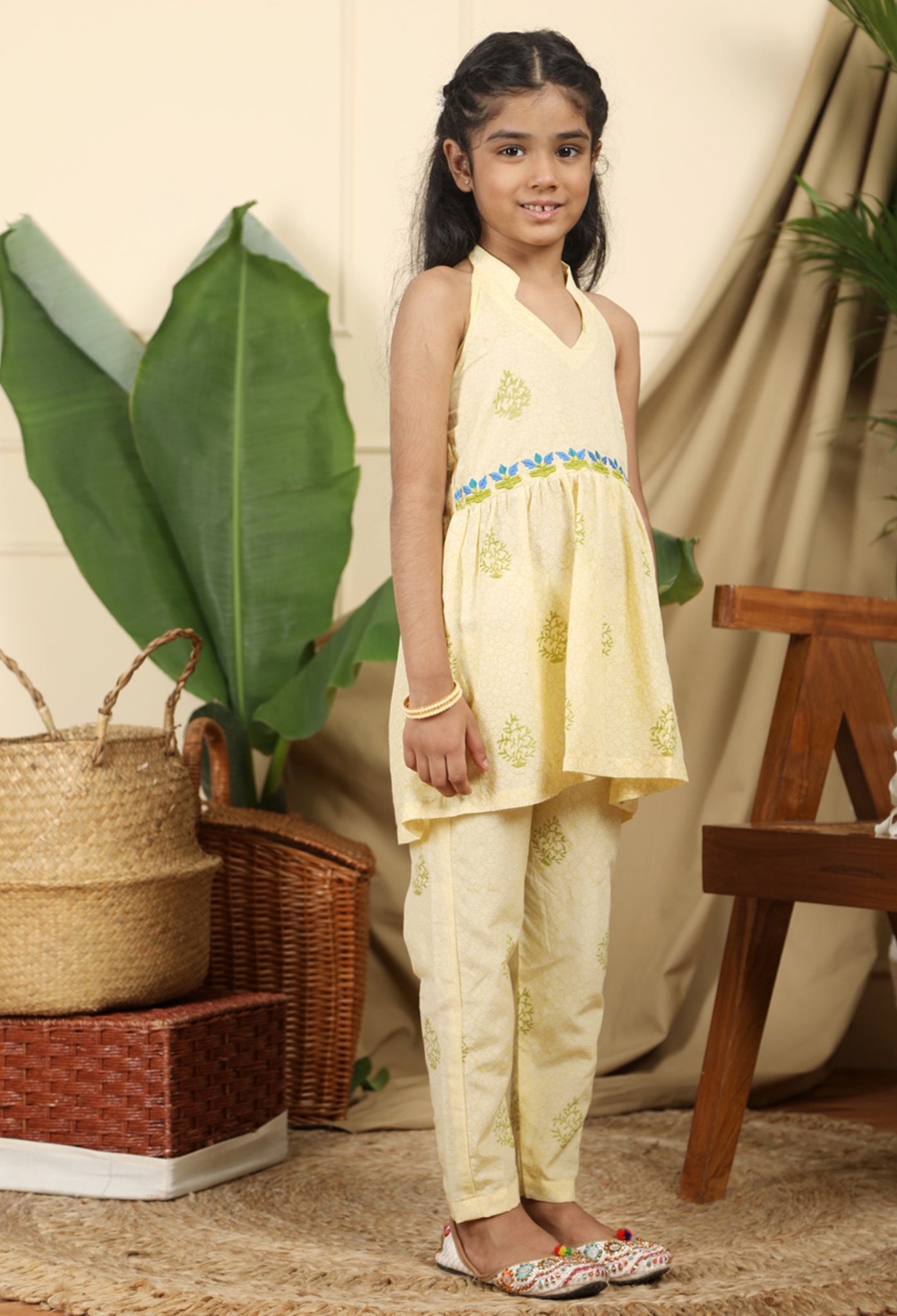 Panna Girls Ethnic Halter Neck Tunic And Matching Pyjama In Hand-Block Printed Cotton