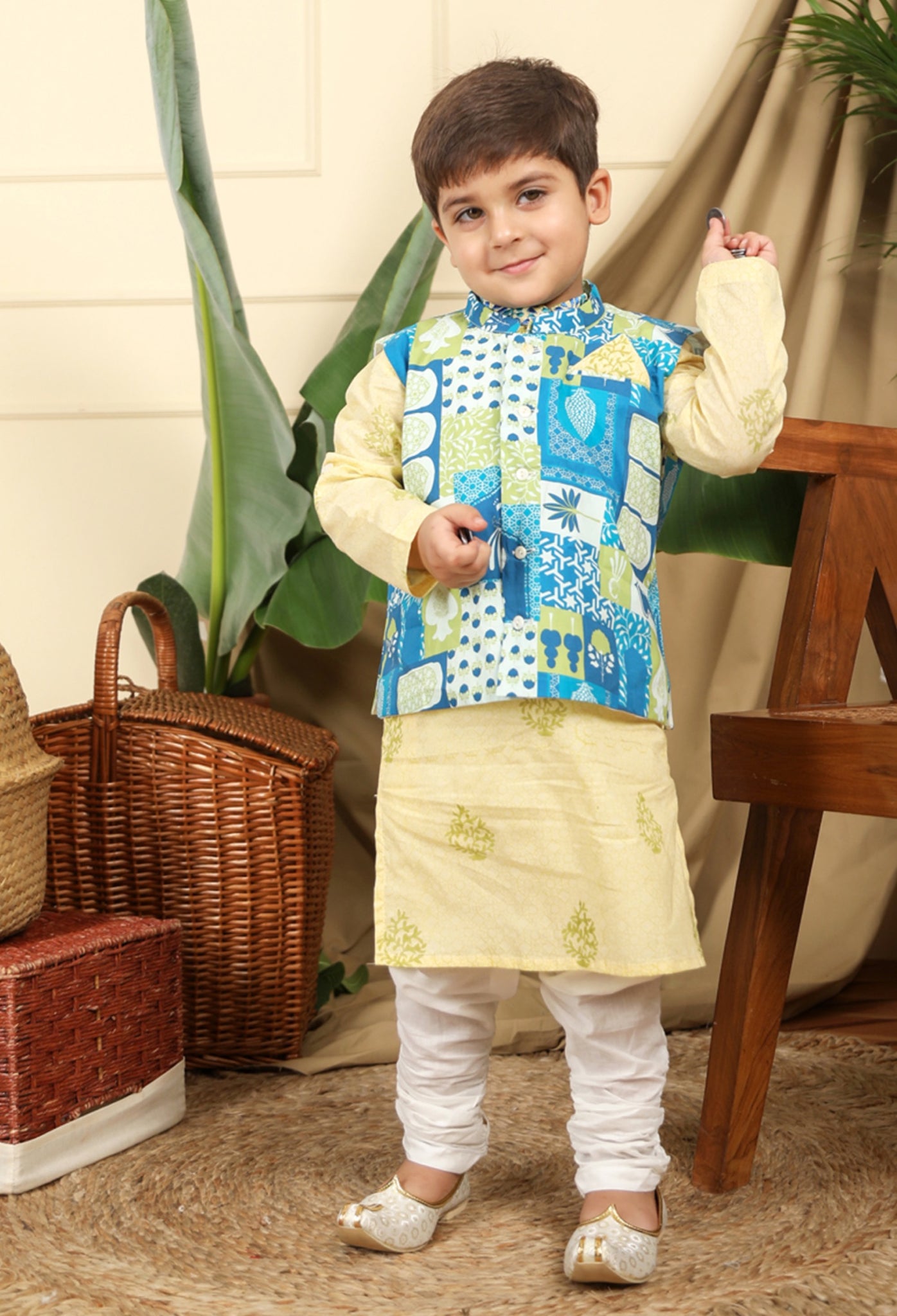 Panna Boys Ethnic Hand-Block Printed Kurta With Manara Bandi Nehru Jacket And Churidaar Set