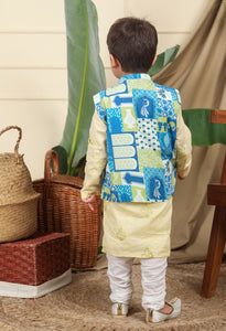 Panna Boys Ethnic Hand-Block Printed Kurta With Manara Bandi Nehru Jacket And Churidaar Set