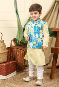 Panna Boys Ethnic Hand-Block Printed Kurta With Manara Bandi Nehru Jacket And Churidaar Set