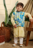 Panna Boys Ethnic Hand-Block Printed Kurta With Manara Bandi Nehru Jacket And Churidaar Set